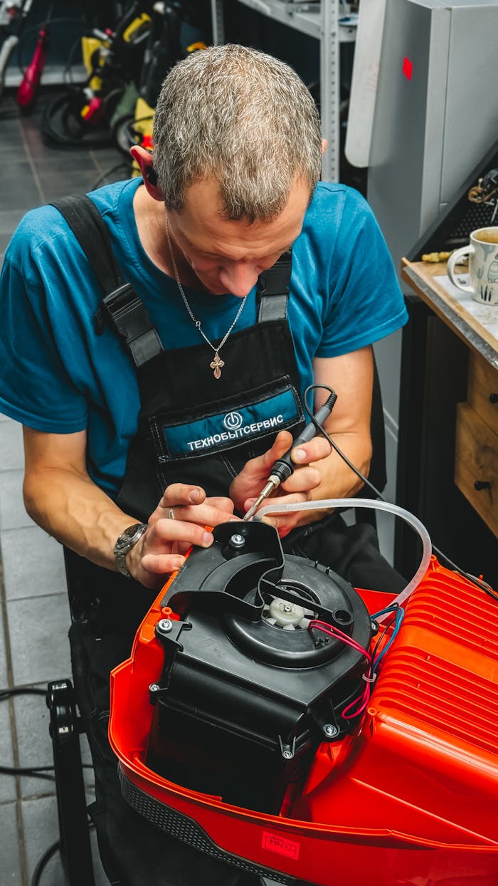 Male technician focused on repairing industrial machinery in a workshop setting.